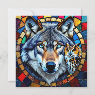 Cartes Pour Fêtes Annuelles Chouette et Loup de Style Mosaïque Vierge