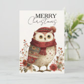 Cartes Pour Fêtes Annuelles Chouette hivernale confortable avec écharpe rouge (Debout devant)