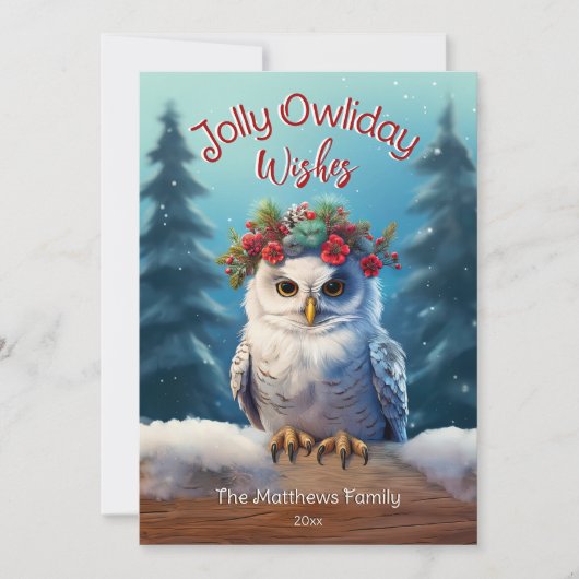 Cartes Pour Fêtes Annuelles Chouette neigeuse en forêt Chouette rustique Jolly (Devant)
