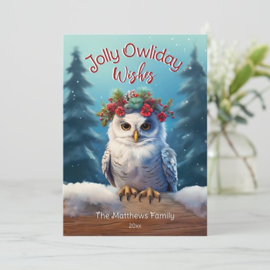 Cartes Pour Fêtes Annuelles Chouette neigeuse en forêt Chouette rustique Jolly (Debout devant)
