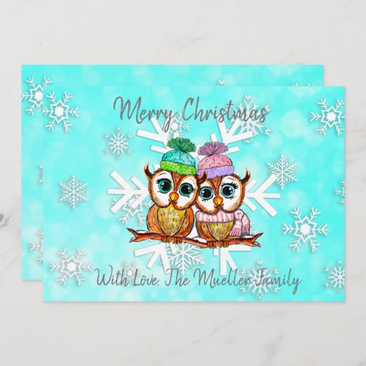 Cartes Pour Fêtes Annuelles Chouettes de Noël mignonnes en blanc (Devant / Derrière)
