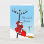 Cartes Pour Fêtes Annuelles Chrismukkah, vacances interconfessionnelles, Père<br><div class="desc">Salutations de Chrismukkah ! Un père noël monte un menorah sous forme de poteau léger/réverbère. Son sac de cadeau est rempli de gelt et de dreidels. Une partie du gelt est tombée sur la neige. Célébrez Hanoukka et Noël avec cette carte de voeux interconfessionnelle. Courtoisie d'élément de Père Noël de...</div>