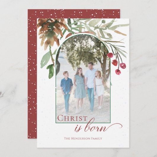 Cartes Pour Fêtes Annuelles Christ est né Photo de Noël enneigé Religieux (Devant / Derrière)