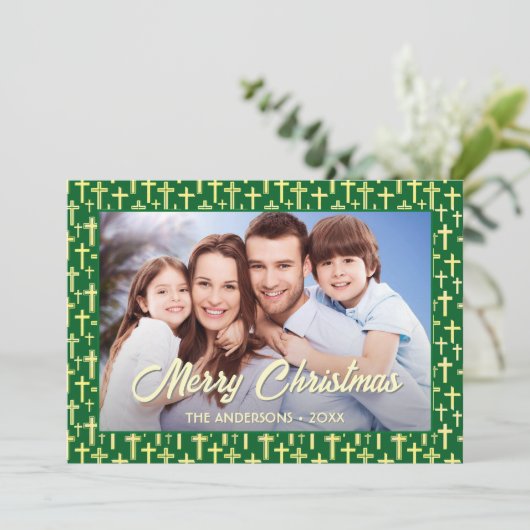 Cartes Pour Fêtes Annuelles Christian Cross Elegant Script Photo Noël (Debout devant)