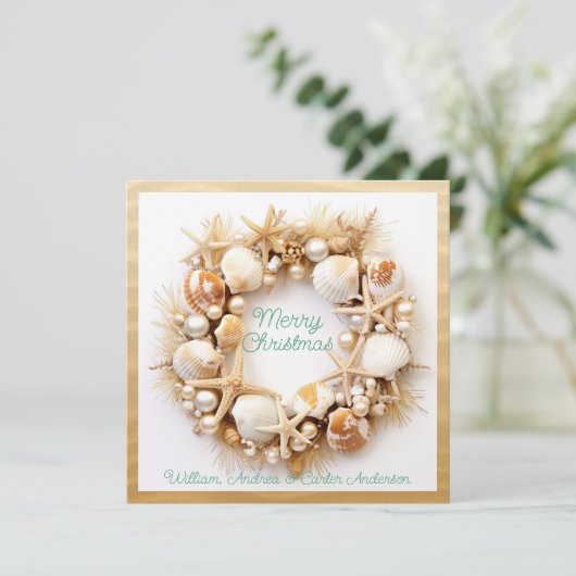 Cartes Pour Fêtes Annuelles Christmas Beach Waves Seashells Starfish Pearls (Debout devant)