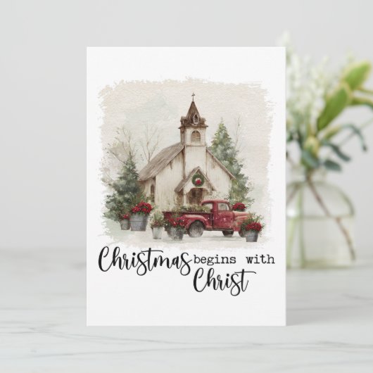 Cartes Pour Fêtes Annuelles Christmas Begins With Christ Rustic Red Truck (Debout devant)