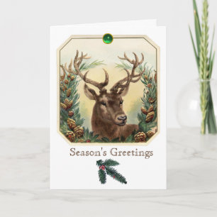 CARTES POUR FÊTES ANNUELLES CHRISTMAS DEER, PINE CONES COURONNE, GREEN GEMSTON