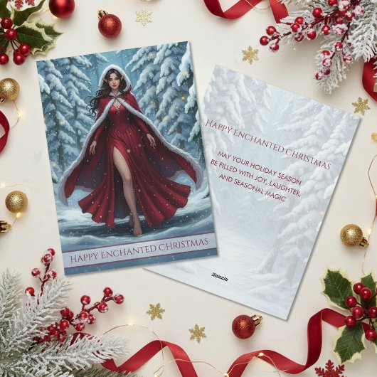 Cartes Pour Fêtes Annuelles Christmas Elf in Red in Snowy Winter Forest