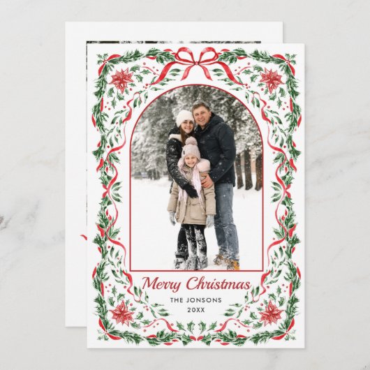 Cartes Pour Fêtes Annuelles Christmas Funky Whimsical Red Bow Wreath 5 Photo (Devant / Derrière)