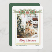 Cartes Pour Fêtes Annuelles Christmas Greenery And Bow 1 Photo Golden Frame (Devant / Derrière)