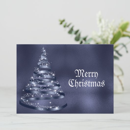 Cartes Pour Fêtes Annuelles Christmas Greeting Shiny Blue Ribbon Tree Sparkle (Debout devant)