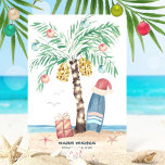 Cartes Pour Fêtes Annuelles Christmas Island Surf Père Noël Tropical Beach<br><div class="desc">La carte de Noël à thème de plage comprend un palmier, un arbre de Noël (décoré de décorations et de lumières) sur une île tropicale avec un chapeau de Père Noël perché sur un planche de surf, un présent, une étoile de mer, des vagues de l'océan, des oiseaux de mer...</div>