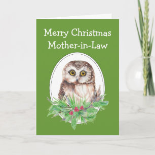 Cartes Pour Fêtes Annuelles Christmas Mother-in-Law Cute Owl Bird Holly PIne