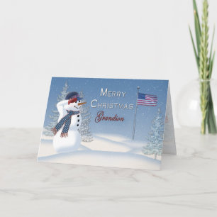 Cartes Pour Fêtes Annuelles Christmas - Patriotic - Grandson -Snowman/Saluting
