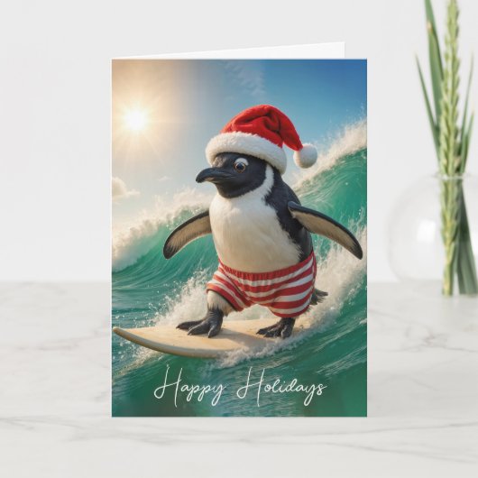 Cartes Pour Fêtes Annuelles Christmas Penguin Surfing On a Wave (Devant)