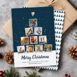 Cartes Pour Fêtes Annuelles Christmas Tree Modern Instagram Photo Collage Amus<br><div class="desc">Carte de collage photo moderne et tendance de style Instagram avec espace pour 10 photos de famille carrés en forme d'arbre de Noël surmonté d'un coeur en or rose blanc imprimé. Le dos montre un motif d'arbre minimal scandinave en bleu marine foncé. Une police manuscrite en détresse lit Joyeux Noël...</div>