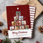 Cartes Pour Fêtes Annuelles Christmas Tree Modern Instagram Photo Collage Roug<br><div class="desc">Carte de collage photo moderne et tendance de style Instagram avec espace pour 10 photos familiales carrés en forme d'arbre de Noël surmonté d'un coeur fantaisiste. Le dos montre un motif d'arbre minime scandinave en rouge saisonnier rétro. Une police manuscrite en détresse lit Joyeux Noël au-dessus de l'espace pour un...</div>
