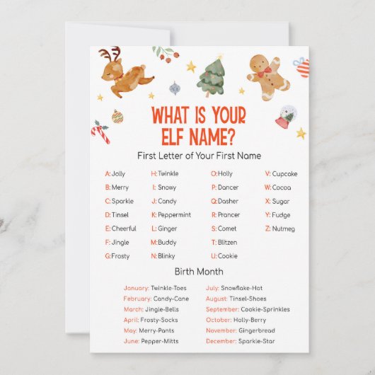 Cartes Pour Fêtes Annuelles Christmas What is your Elf Name Game (Devant)