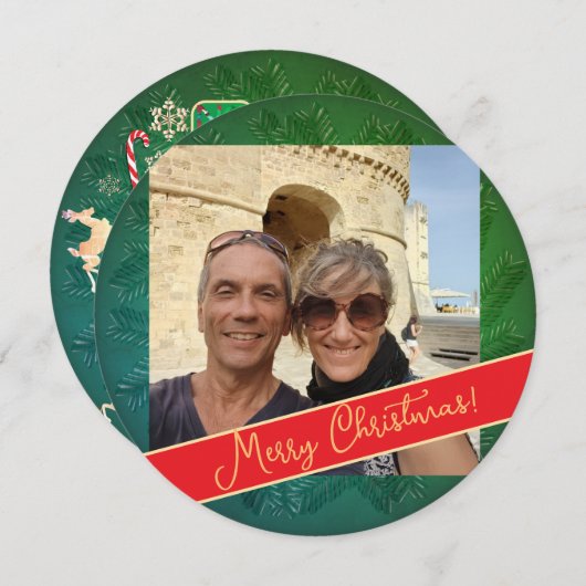 Cartes Pour Fêtes Annuelles Christmas Wreath + Photo Flat Holiday Card (Devant / Derrière)