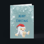 Cartes Pour Fêtes Annuelles Christmas Yeti Doll Wearing a Santa Hat<br><div class="desc">A merry Christmas greeting card with an illustration of a cute little Christmas yeti, toy doll, wearing a red santa hat. The little yeti has a pull string to make him talk and he is covered in soft white fur with light brown accents. Background is a retro greenish blue color...</div>