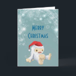 Cartes Pour Fêtes Annuelles Christmas Yeti Doll Wearing a Santa Hat<br><div class="desc">A merry Christmas greeting card with an illustration of a cute little Christmas yeti, toy doll, wearing a red santa hat. The little yeti has a pull string to make him talk and he is covered in soft white fur with light brown accents. Background is a retro greenish blue color...</div>