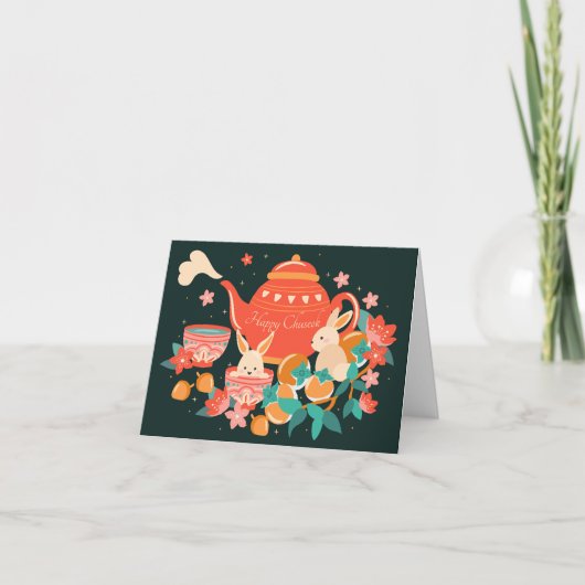 Cartes Pour Fêtes Annuelles Chuseok Festival de la mi-automne théière et lapin (Devant)