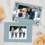 Cartes Pour Fêtes Annuelles Chute de neige Whimsical Winter Scène 2 Photo<br><div class="desc">Une carte de vacances mignonne avec votre photo horizontale entourée d'illustrations d'une personne qui lance une boule de neige, un bonhomme de neige, des pins, un cerf, un traîneau avec des cadeaux et une personne qui fait un ange de neige. "Voeux les plus chauds" s'affiche dans un script blanc écrit...</div>