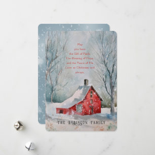Cartes Pour Fêtes Annuelles Citation de Noël Maison de Ferme Rouge Neige Paysa