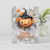 Cartes Pour Fêtes Annuelles Citrouille déplaisant Dans Un Casquette Noir Bonne (Debout devant)