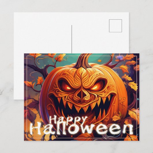 Cartes Pour Fêtes Annuelles Citrouille orange effrayant avec visage, Halloween (Devant / Derrière)