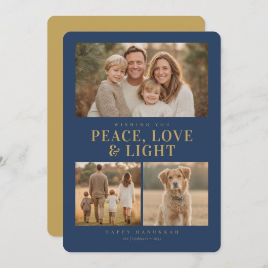 Cartes Pour Fêtes Annuelles Classic Blue Hanukkah Peace & Light Photo Collage (Devant / Derrière)