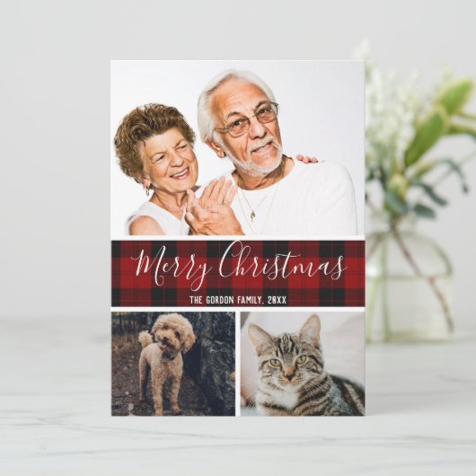 Cartes Pour Fêtes Annuelles Classic Buffalo plaid Grand-parents 3 photo collag (Debout devant)