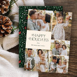 Cartes Pour Fêtes Annuelles Classic Happy Holidays Collage Floral | Ivoire<br><div class="desc">Ces belles cartes photo de Noël sont composées de cinq modèles photo, d'élégantes typographies modernes, "Joyeuses fêtes", et d'un motif floral dessiné à la main sur le dos dans des couleurs classiques de rouge, vert et ivoire sur un arrière - plan vert foncé. Facile à personnaliser pour de beaux cartes...</div>
