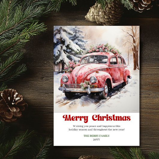 Cartes Pour Fêtes Annuelles Classic rustic Christmas scene pink car design