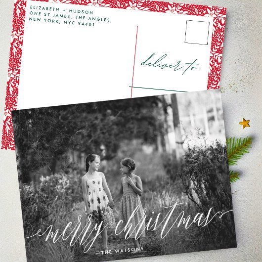 Cartes Pour Fêtes Annuelles Classique blanc Script Joyeux Noël Photo