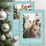Cartes Pour Fêtes Annuelles Classique moderne double face photo de famille Noë<br><div class="desc">Cette carte de Noël classique dégage élégance et chaleur, avec un motif de Noël blanc et bleu-vert doux et délicat qui donne un ton serein et festif. Sur le devant, votre photo de famille préférée prend le devant de la scène, encadrée magnifiquement par les teintes douces du design, avec l'accueil...</div>