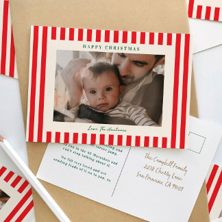 Cartes Pour Fêtes Annuelles Classique Une Photo Fête de Noël Rouge Rayure