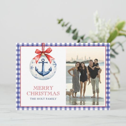 Cartes Pour Fêtes Annuelles Coastal Christmas Starfish Ornament Gingham Photo (Debout devant)