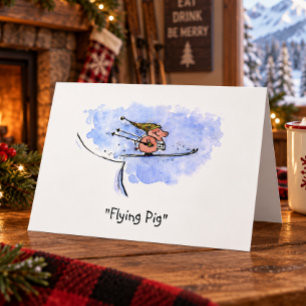 Cartes Pour Fêtes Annuelles "Cochon Volant" Drôle de saut à ski Cochon Athlète