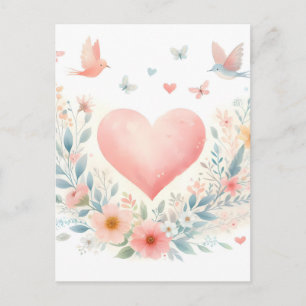 Cartes Pour Fêtes Annuelles Cœur aquarelle douce Fleurs d'amour Oiseaux