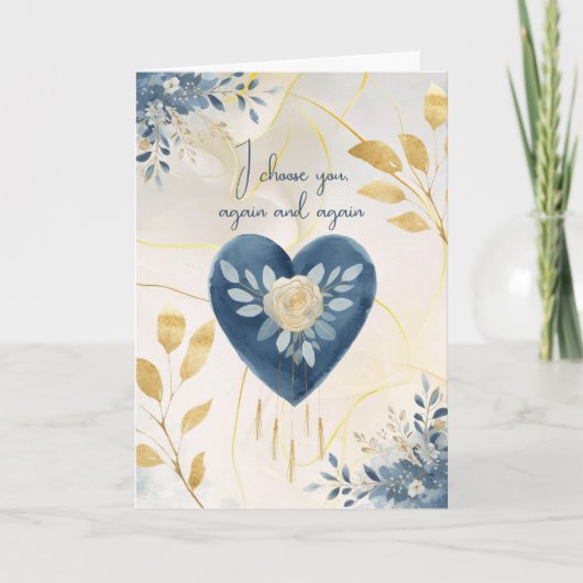 Cartes Pour Fêtes Annuelles Cœur Botanique Bleu avec Accents de Script Doré (Devant)