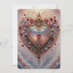 Cartes Pour Fêtes Annuelles Cœur doré victorien, roses et fleurs, vintage