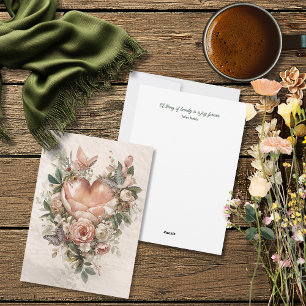 Cartes Pour Fêtes Annuelles Cœur floral rosé Papillons et botaniques douces