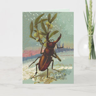 Cartes Pour Fêtes Annuelles Coléoptère cornu vintage et gui Bonne année