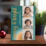 Cartes Pour Fêtes Annuelles Collage de photos - Joyeux et brillant courbes<br><div class="desc">Des verts et des dorures turquoises en font une carte photo de Noël funky et rétro - quelque chose qui est différent et tient notre place du reste - Un accueil de vacances joyeuse et brillant avec un script de calligraphie de salutation rustique. Vous pouvez choisir trois de vos photos...</div>