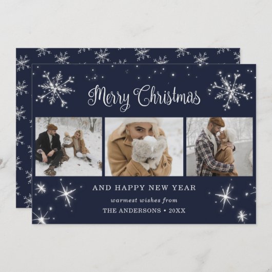 Cartes Pour Fêtes Annuelles Collage photo Blue Sparkly Snowflake (Devant / Derrière)