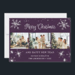 Cartes Pour Fêtes Annuelles Collage photo de neige violet en argent<br><div class="desc">Joli collage photo violet Joyeux Noël et Bonne Année carte avec des flocons de neige et des étoiles sur le devant et la chute de neige à l'arrière. Personnalisez facilement cette carte de vacances élégante avec vos photos et texte.</div>