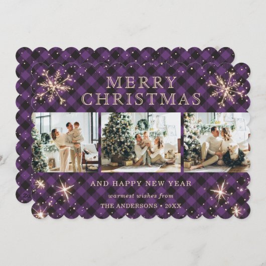 Cartes Pour Fêtes Annuelles Collage photo Jolly Purple Plaid Sparkly Snowflake (Devant / Derrière)