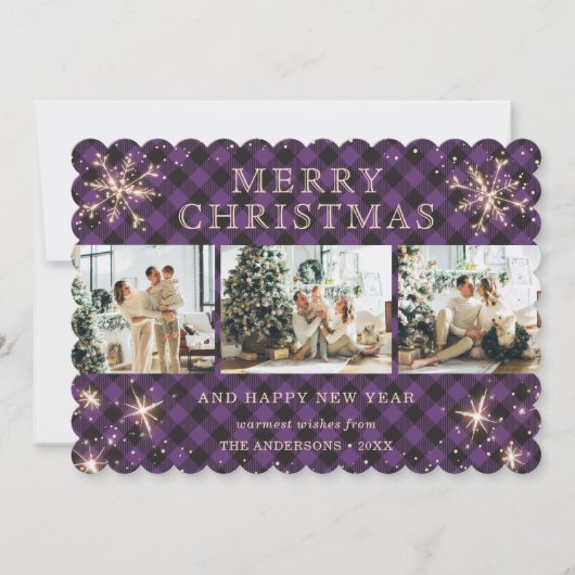 Cartes Pour Fêtes Annuelles Collage photo Jolly Purple Plaid Sparkly Snowflake (Devant)