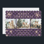 Cartes Pour Fêtes Annuelles Collage photo Jolly Purple Plaid Sparkly Snowflake<br><div class="desc">Magnifique carte de vacances avec des flocons de neige et des étoiles. Personnalisez facilement cette carte de vacances mignonne avec vos photos et texte.</div>
